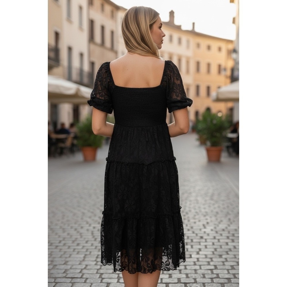J Gee Black Lace Smocked Midi Dress Square Neck Puff Sleeve Tiered LBD XL - Picture 3 of 7